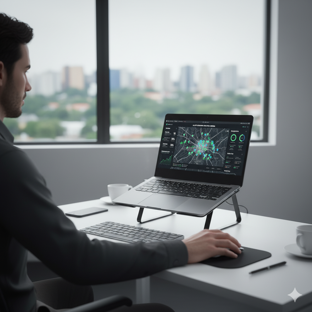 Mapa geográfico com dados de localização e análise territorial para expansão de academias